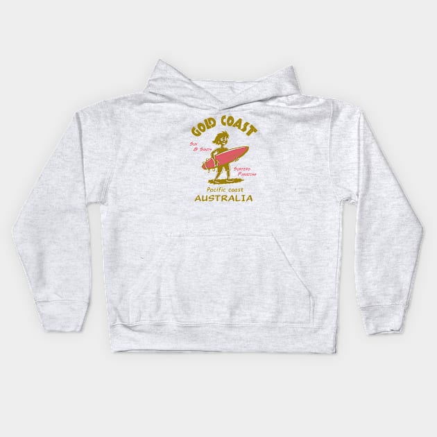 Gold coast Funny Surf Silhouette Kids Hoodie by Alexander Luminova